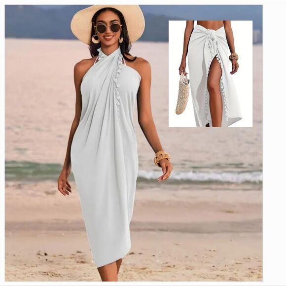 New Elegant White Halter Saronge Fringe Tassel Swimsuit Cover-Up - Picture 1 of 11